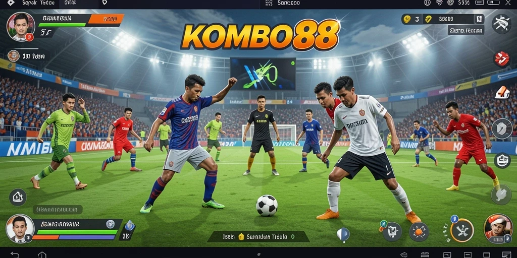 Screenshot KOMBO88 menampilkan aksi seru di lapangan sepak bola.